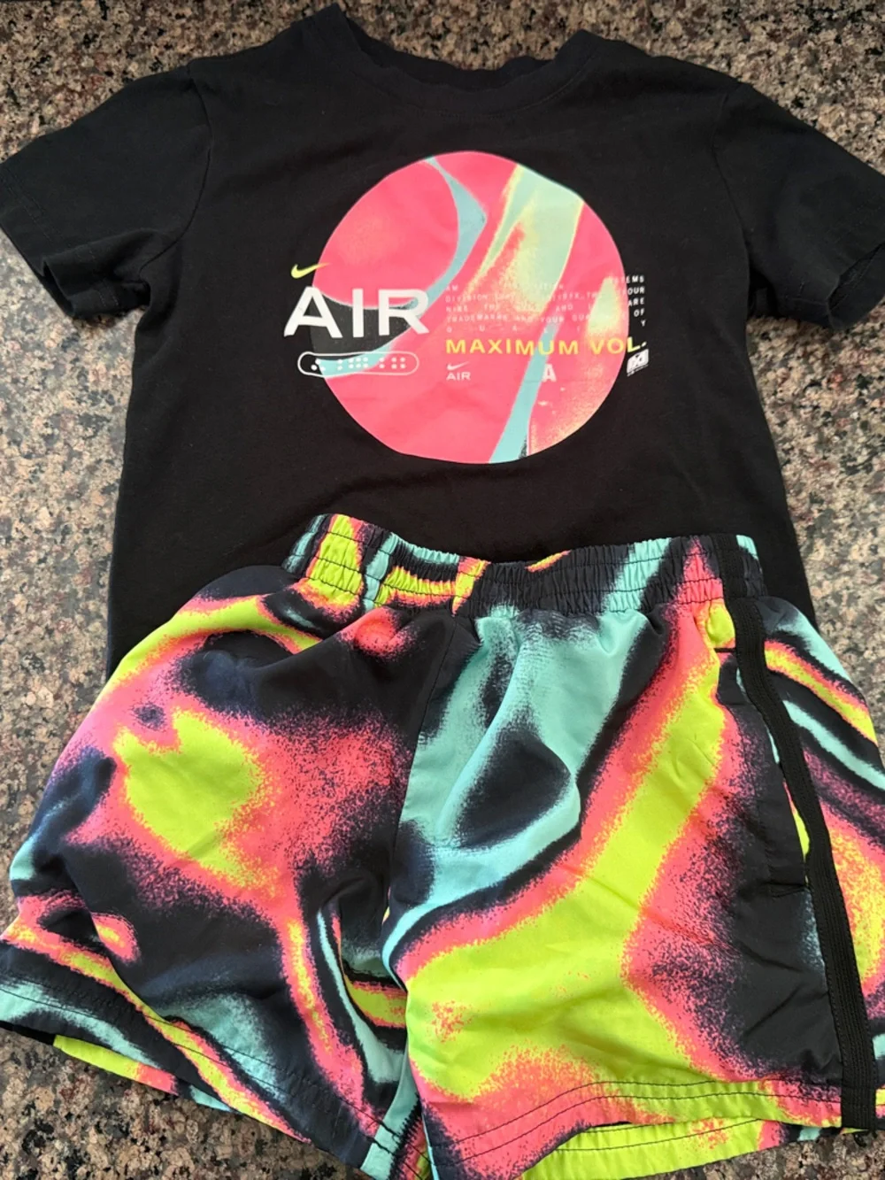 Nike Black Tee with Neon Swirl Swim Shorts